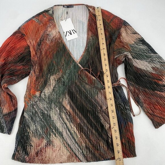 ZARA Women’s Size Small Pleated Kimono Wrap Top Orange Multi NWT - Picture 12 of 16